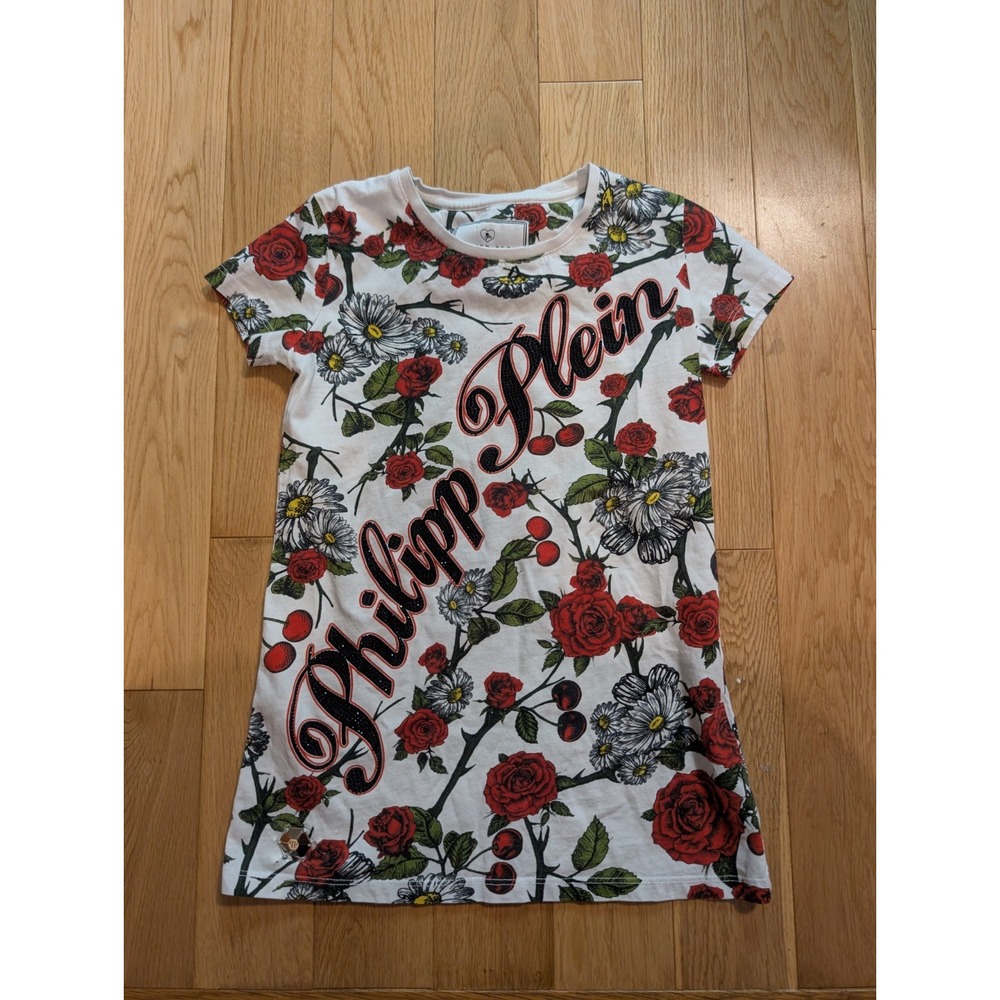 Philipp Plein Junior Blood Sisters Shirt Rhinestone Cherries Roses Y2K Style S